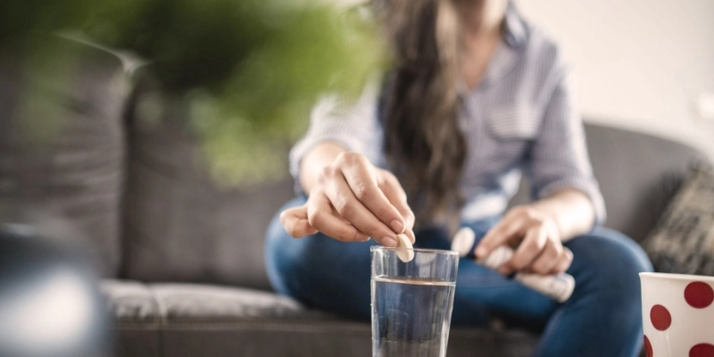 Femme qui met une pastille d'hydratation dans un verre d'eau