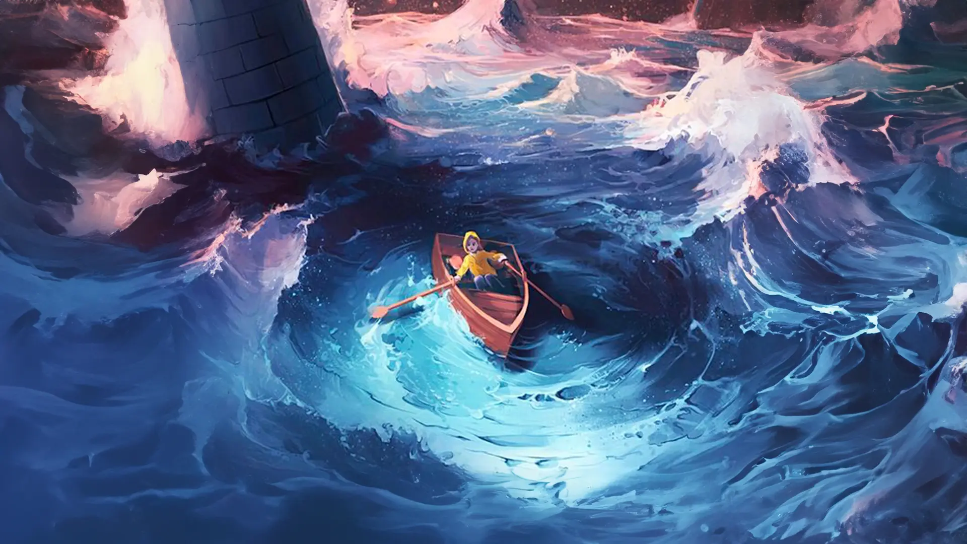 Homme sur une barque, en plein cœur d'une tempête au milieu de l'océan